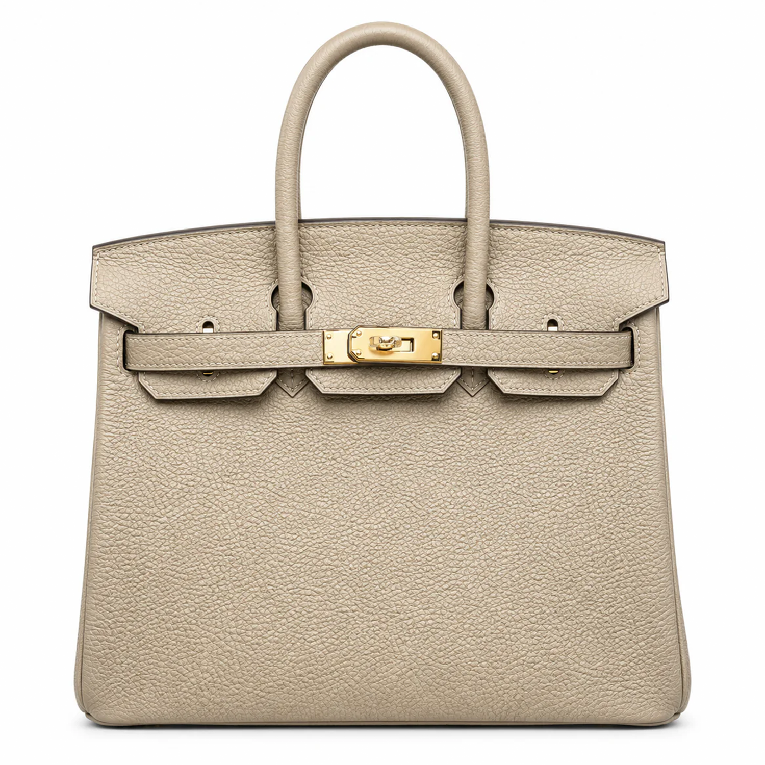 Neutral Trench Beige Dense Pebbled Grain Compact Rectangular Hand Tote With Luminous Golden Twist Lock Hardware And Contrast Edge Stitching