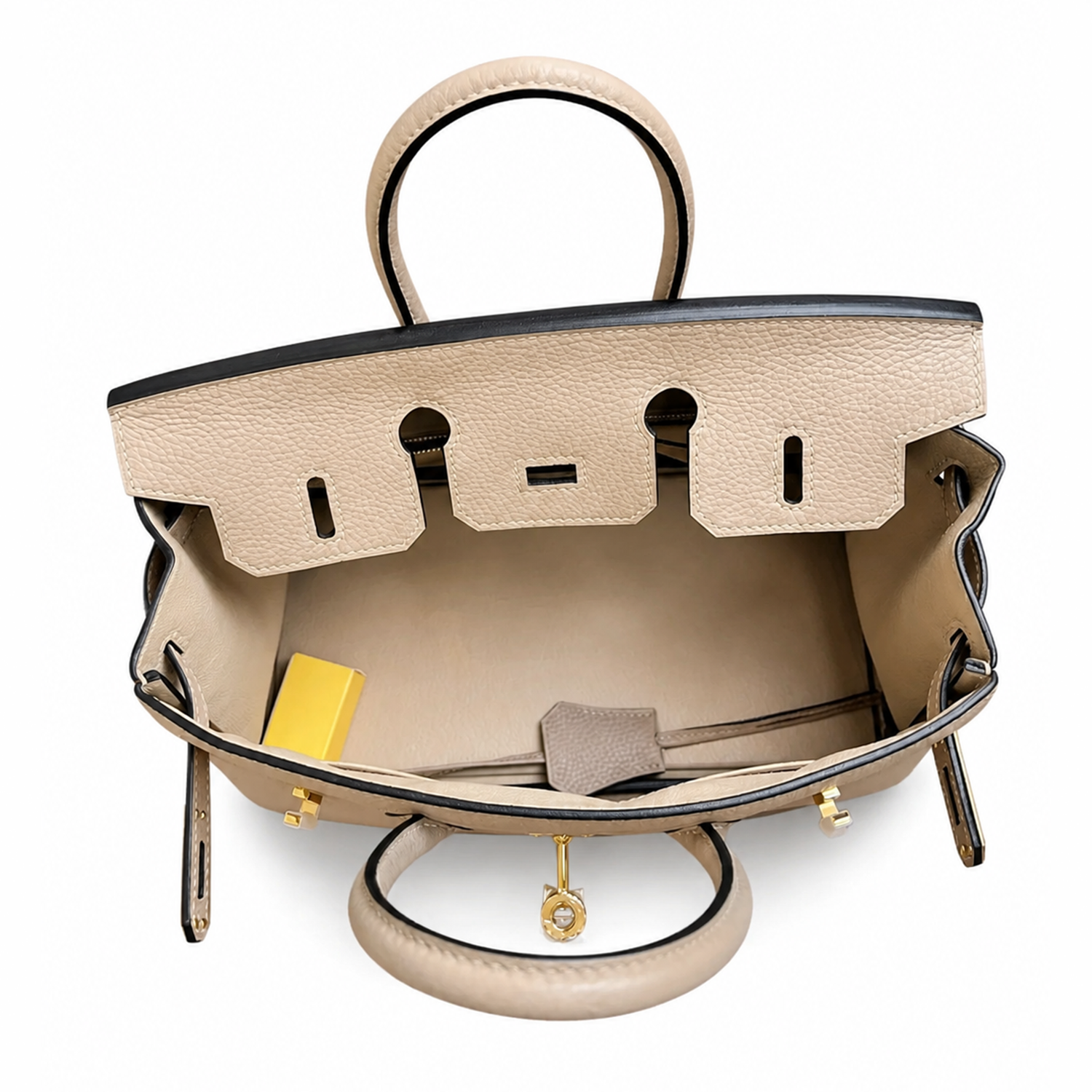 Neutral Trench Beige Dense Pebbled Grain Compact Rectangular Hand Tote With Luminous Golden Twist Lock Hardware And Contrast Edge Stitching
