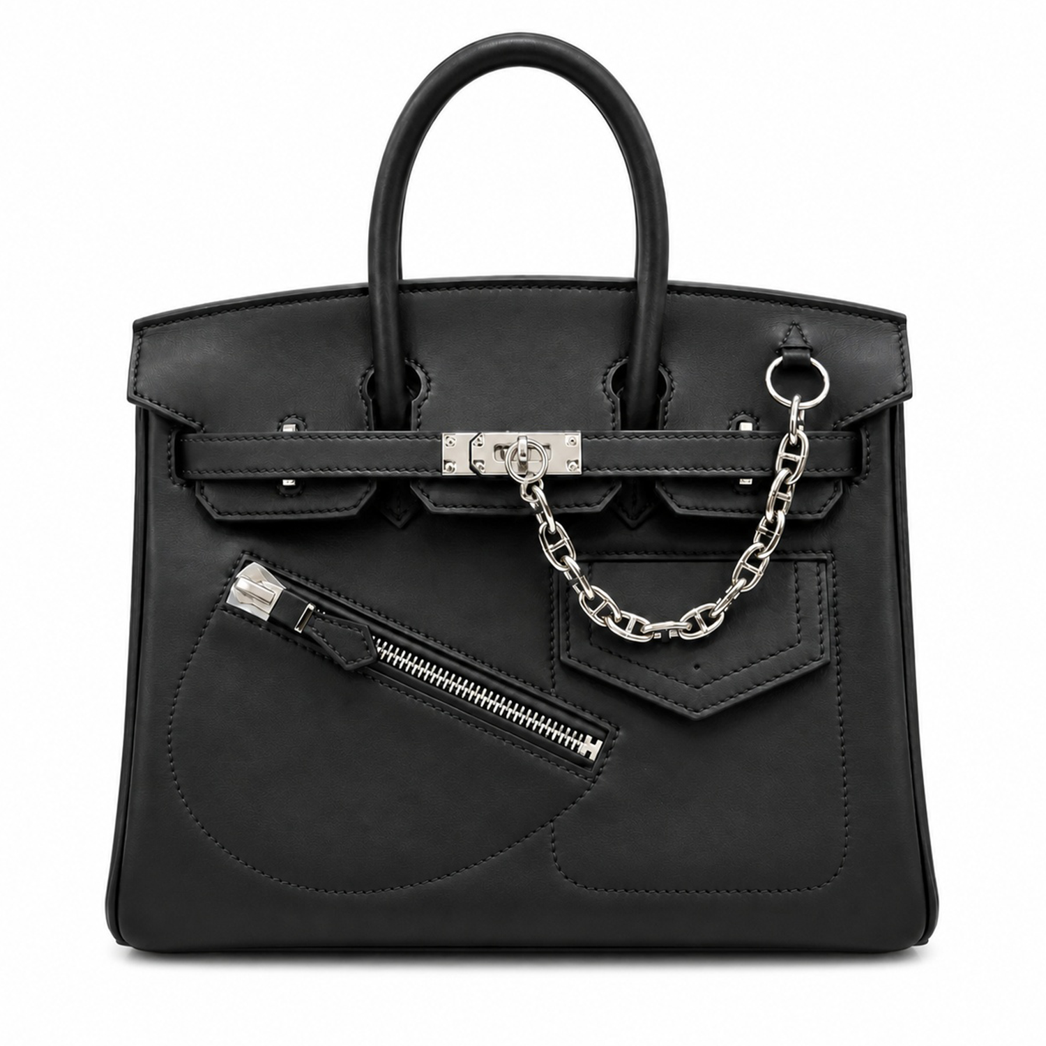 Matte Jet Black Multi-Pocket Compact Rigid Rectangular Tote With Chunky Silver Chain Ornament And Sleek Silvery Twist Lock Hardware