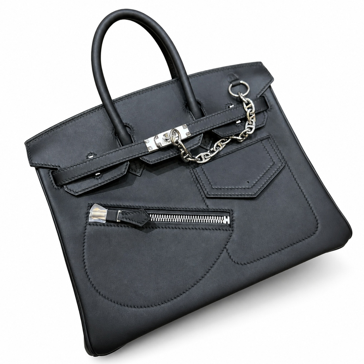 Matte Jet Black Multi-Pocket Compact Rigid Rectangular Tote With Chunky Silver Chain Ornament And Sleek Silvery Twist Lock Hardware