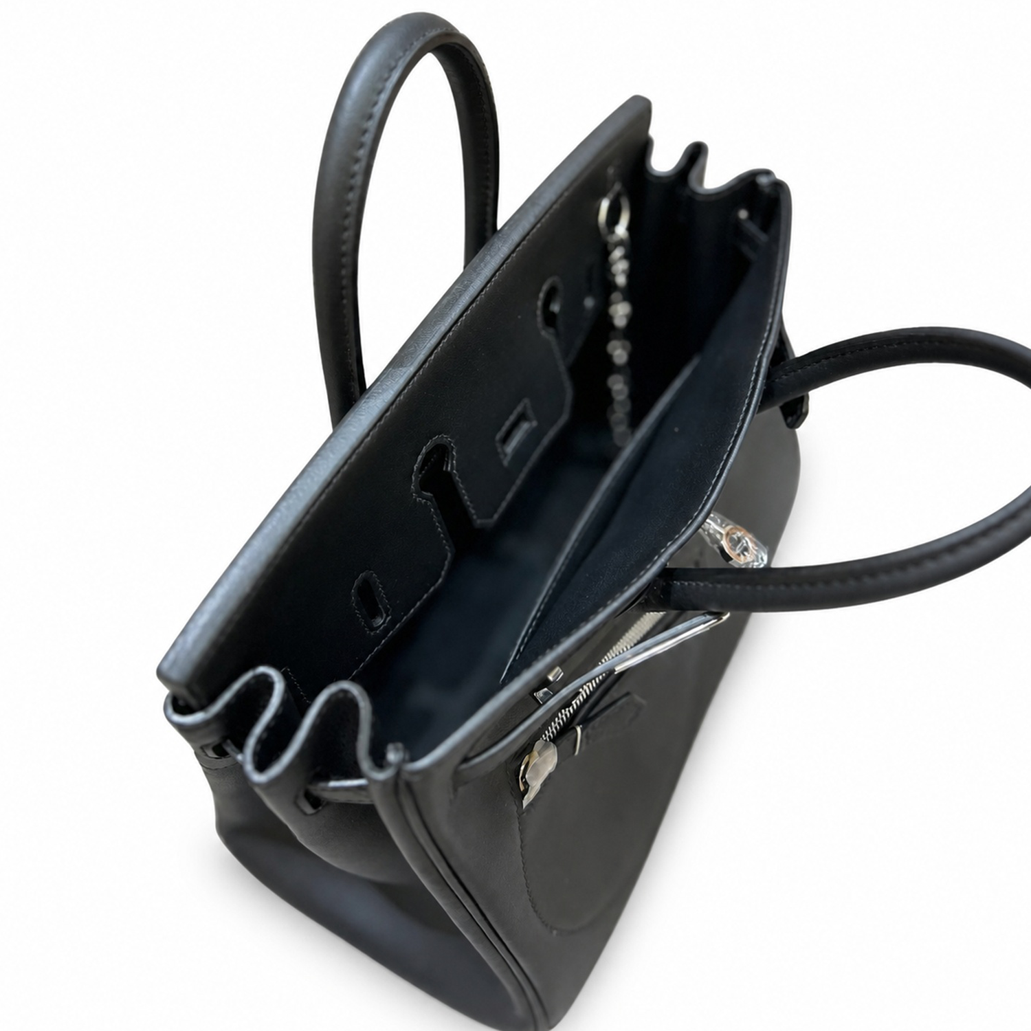 Matte Jet Black Multi-Pocket Compact Rigid Rectangular Tote With Chunky Silver Chain Ornament And Sleek Silvery Twist Lock Hardware