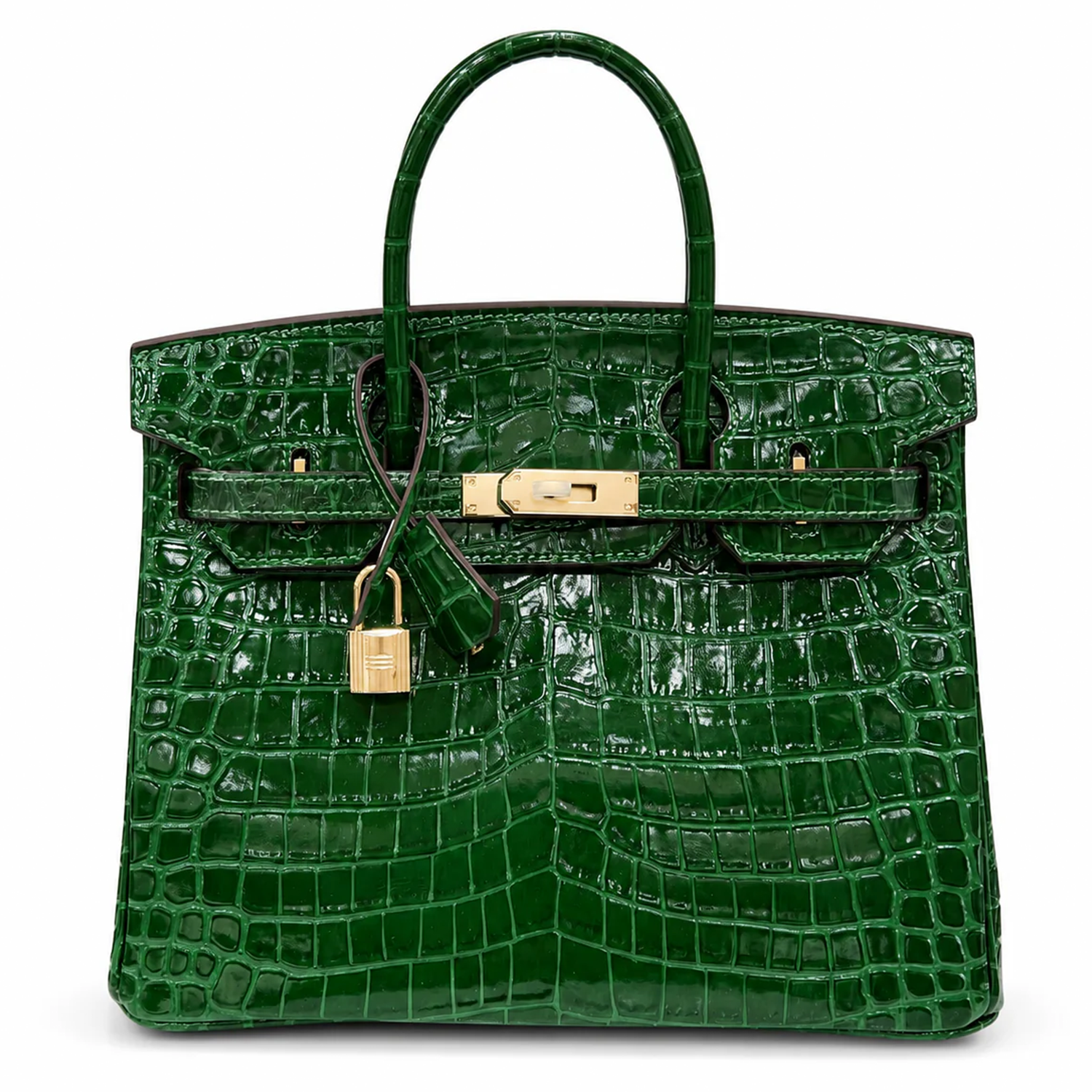 Vivid Glossy Emerald Green Symmetrical Scaled Rigid Rectangular Hand Tote With Radiant Golden Twist Lock Hardware And Suspended Metal Padlock Charm