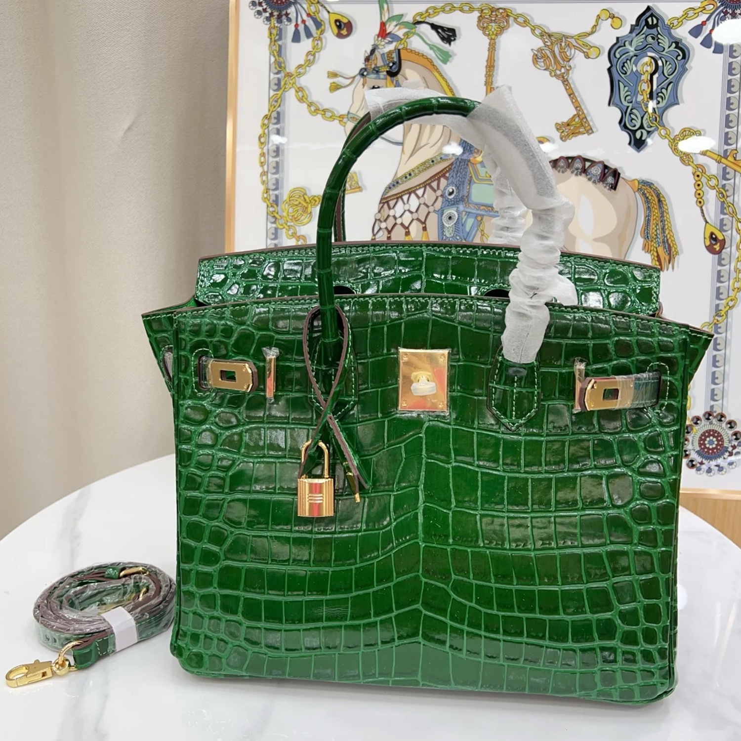 Vivid Glossy Emerald Green Symmetrical Scaled Rigid Rectangular Hand Tote With Radiant Golden Twist Lock Hardware And Suspended Metal Padlock Charm