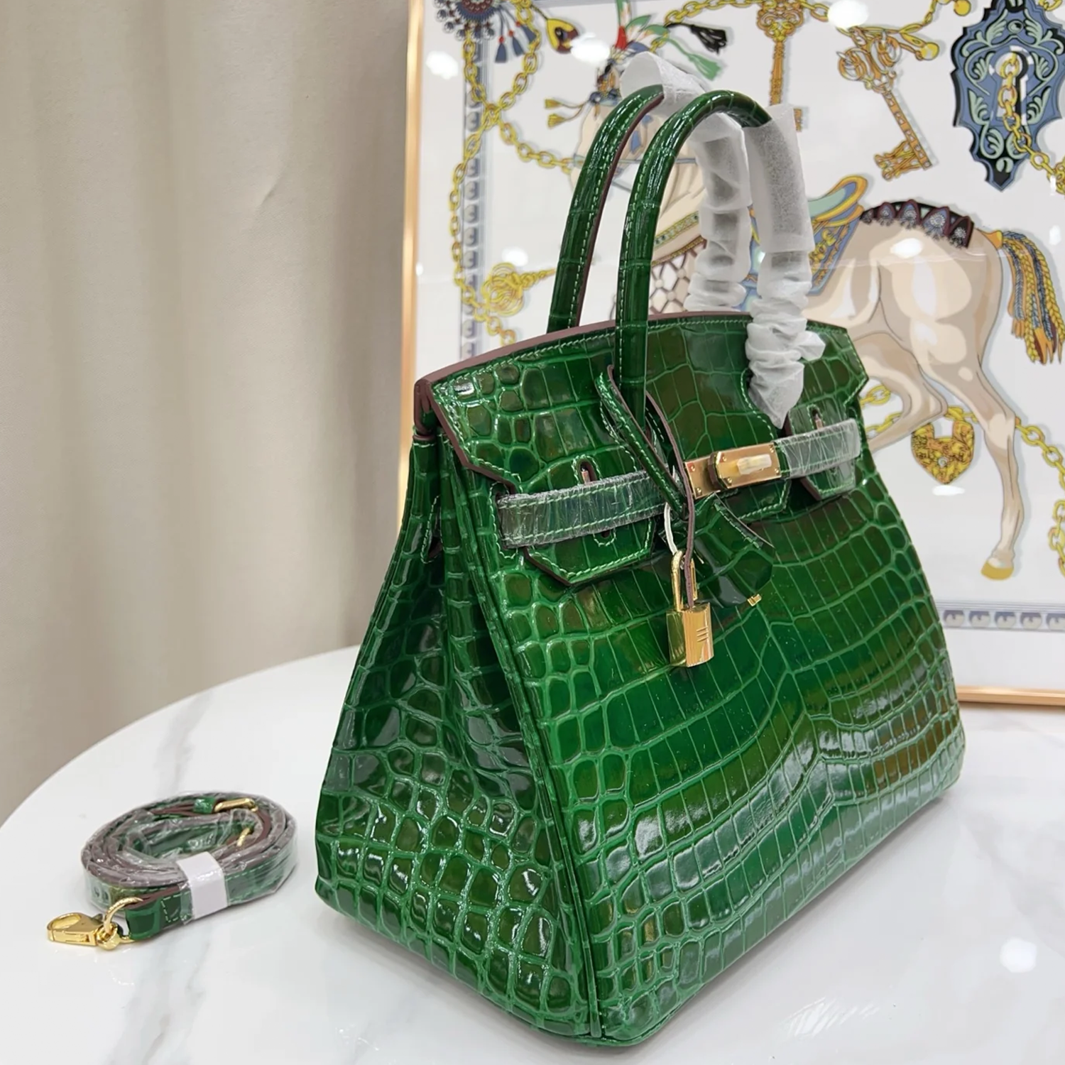 Vivid Glossy Emerald Green Symmetrical Scaled Rigid Rectangular Hand Tote With Radiant Golden Twist Lock Hardware And Suspended Metal Padlock Charm