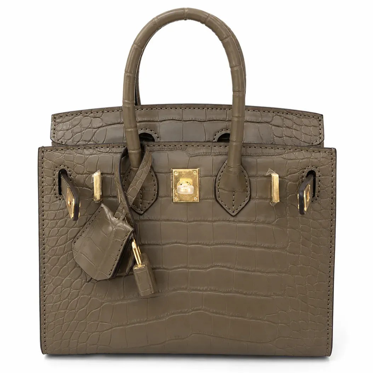 Muted Taupe Grey Uniform Segmented Scaled Tiny Trapezoid Hand Tote With Luminous Golden Twist Lock Hardware And Matching Mini Suspended Padlock Charm