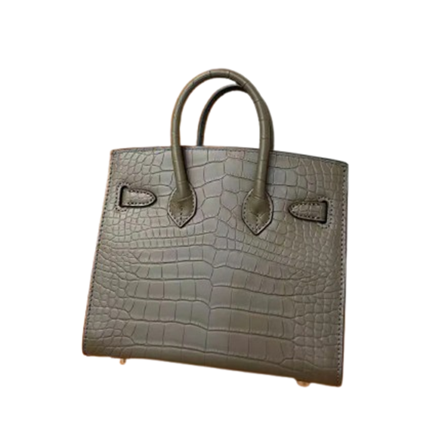 Muted Taupe Grey Uniform Segmented Scaled Tiny Trapezoid Hand Tote With Luminous Golden Twist Lock Hardware And Matching Mini Suspended Padlock Charm