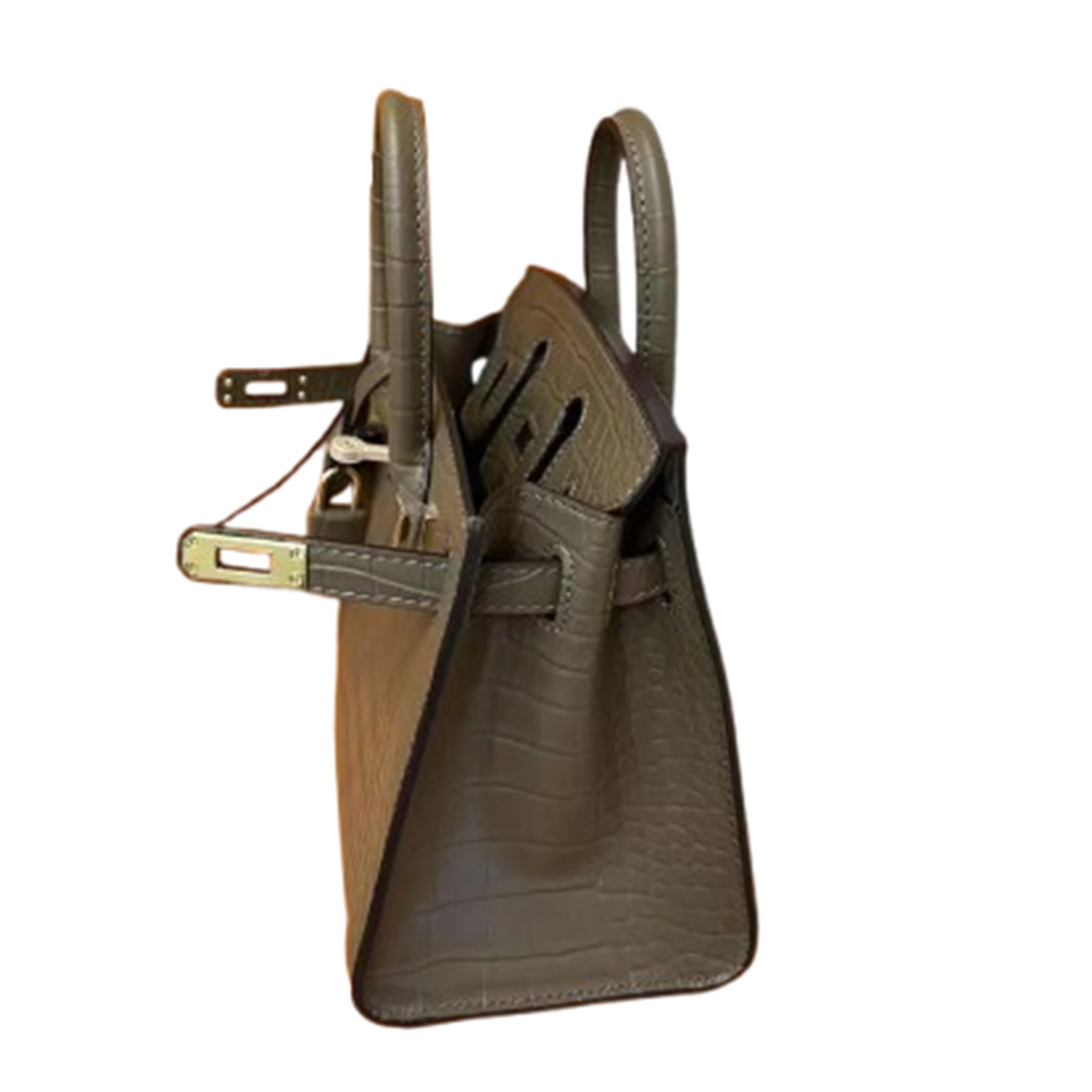 Muted Taupe Grey Uniform Segmented Scaled Tiny Trapezoid Hand Tote With Luminous Golden Twist Lock Hardware And Matching Mini Suspended Padlock Charm