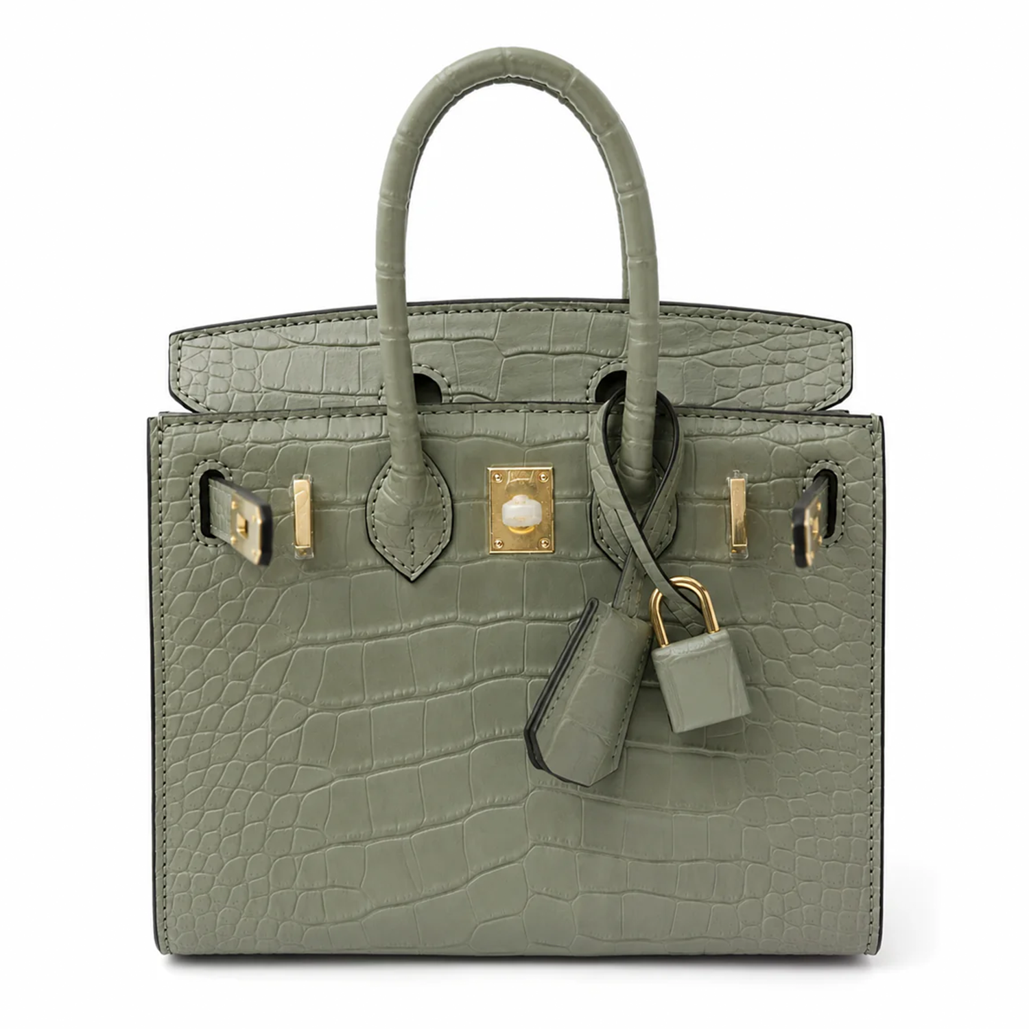 Calm Muted Sage Green Orderly Segmented Scaled Tiny Angular Hand Tote With Luminous Golden Twist Lock Hardware And Matching Suspended Metal Padlock Charm
