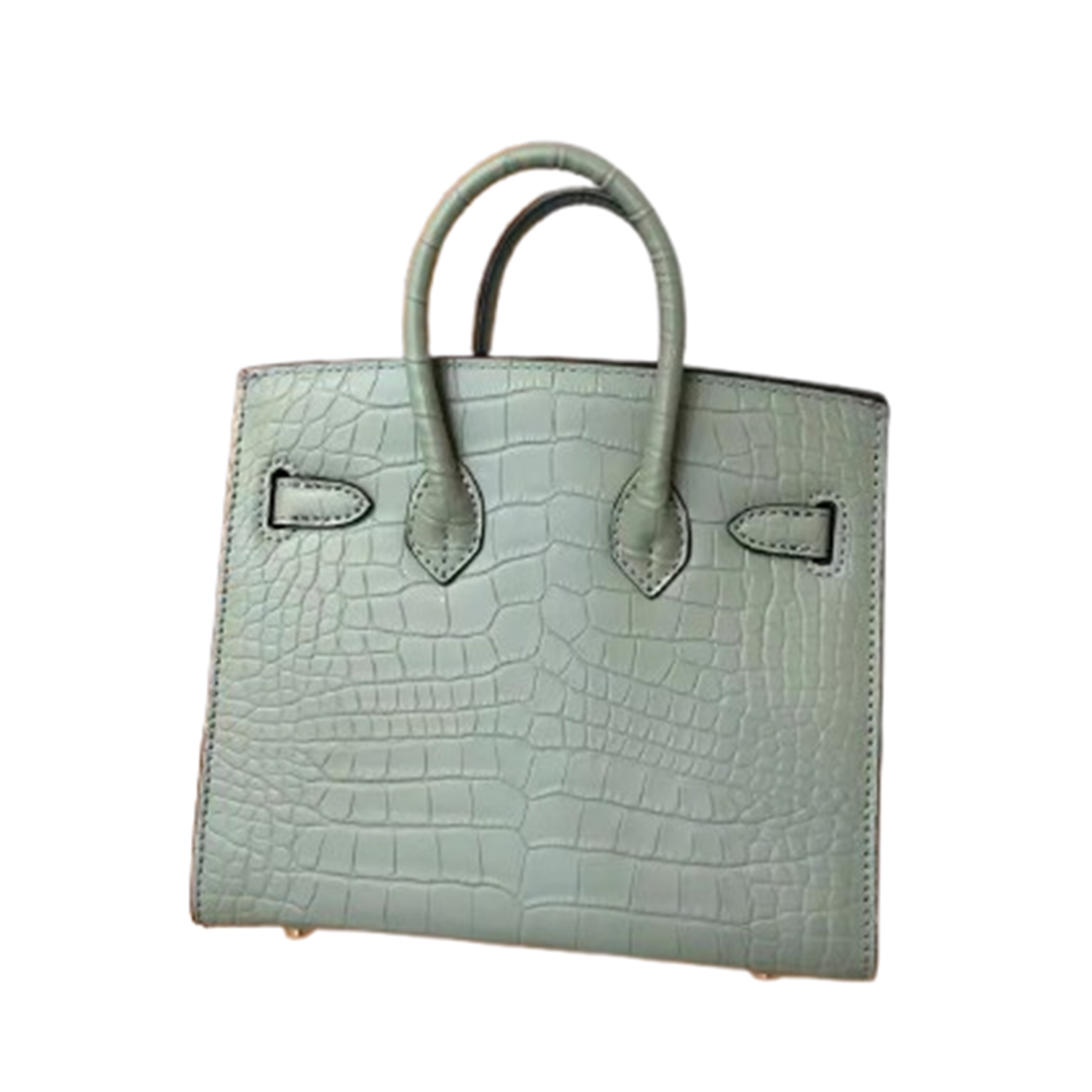 Calm Muted Sage Green Orderly Segmented Scaled Tiny Angular Hand Tote With Luminous Golden Twist Lock Hardware And Matching Suspended Metal Padlock Charm