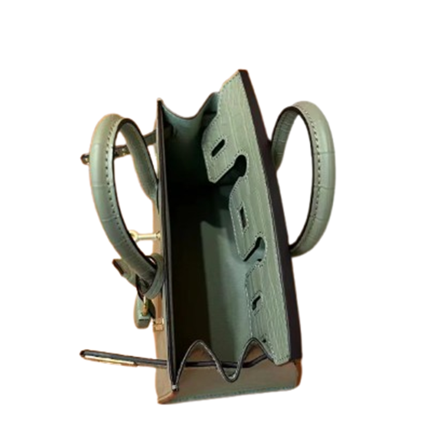 Calm Muted Sage Green Orderly Segmented Scaled Tiny Angular Hand Tote With Luminous Golden Twist Lock Hardware And Matching Suspended Metal Padlock Charm