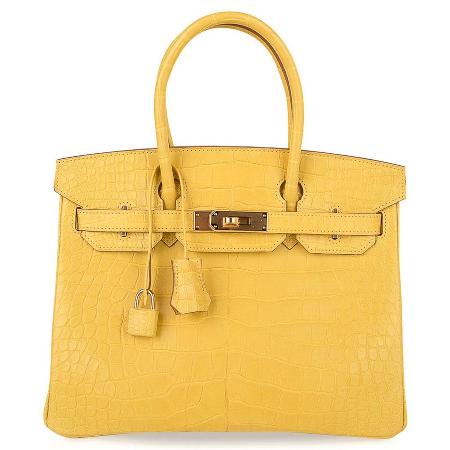 Bright Sunlit Mimosa Yellow Neat Symmetrical Scaled Medium Rigid Rectangular Hand Tote With Radiant Golden Twist Lock Hardware And Matching Suspended Metal Padlock Charm