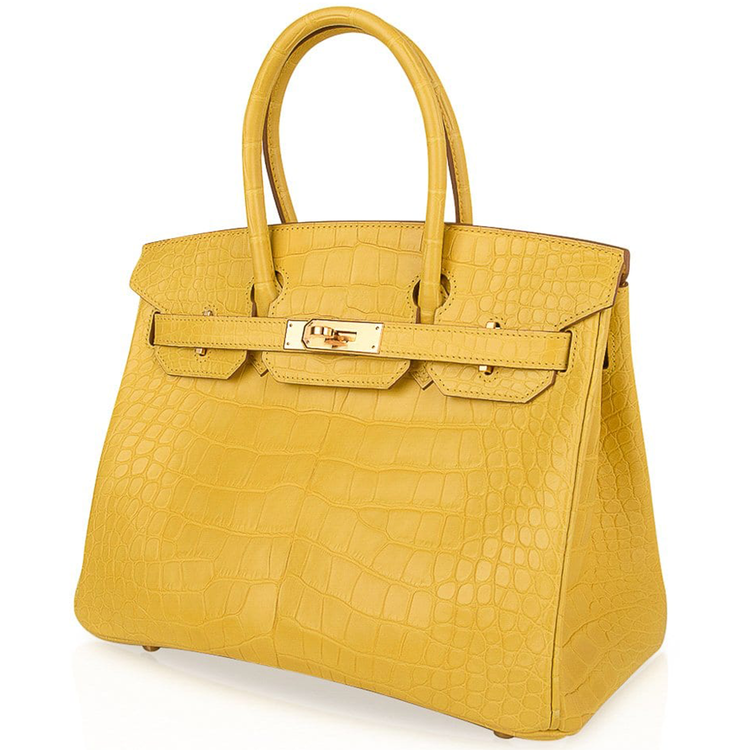 Bright Sunlit Mimosa Yellow Neat Symmetrical Scaled Medium Rigid Rectangular Hand Tote With Radiant Golden Twist Lock Hardware And Matching Suspended Metal Padlock Charm